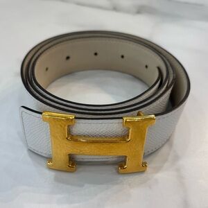 Hermes White Belt with Gold H Buckle